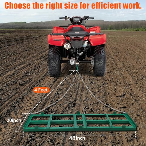 Towallmark 48”Lawn Leveling Rake & Driveway Drag Harrow - Heavy-Duty Tow-Behind Tool with 4FT Reinforced Chain - for ATV, UTV, Tractor, Mower - Gravel, Soil, Yard & Landscape Grading - style: Chain ATV - 48 inches