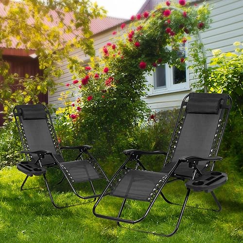 Nazhura Set of 2 Relaxing Recliners Patio Chairs Adjustable Steel Mesh Zero Gravity Lounge Chair Beach Chairs with Pillow and Cup Holder Black - color: Black