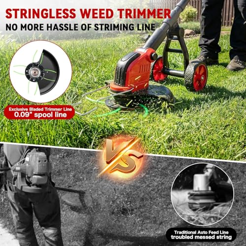 20000RPM Electric Weed Wacker Cordless with Wheel, 6000mAh Electric Weed Eater Battery Powered,4-in-1 Brush Cutter/String Trimmer/Grass Trimmer/Edger,Weed Trimmer with Metal Blade,2 Battery (Red) - color: Red