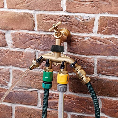Hourleey Brass 4 Way Heavy Duty Garden Hose Splitter, Water Hose Splitter for 3/4" Hose Connector, Hose Faucet Splitter Hose Spigot Adapter 4 Valves with 4 Rubber Washers & Tape - size: 1 Pack (4-Way)