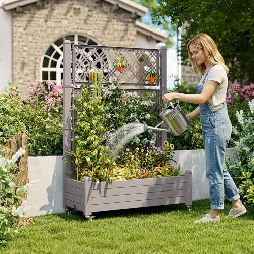 Trellis Raised Garden Bed, Self-Watering Planter Box, Brown - color: Medium Grey, size: 61.2" H