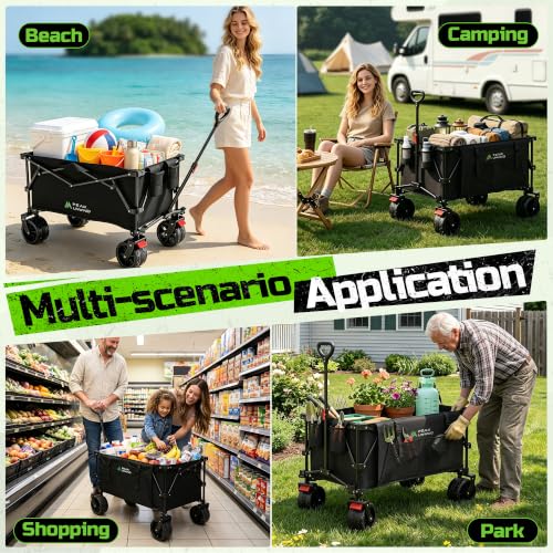400L Folding Wagon Cart with Brakes & Removable Table, 580lbs Heavy Duty Collapsible Wagon, Big All-Terrain Wheels for Camping, Sports, Grocery, Outdoor - Black - color: Black-big