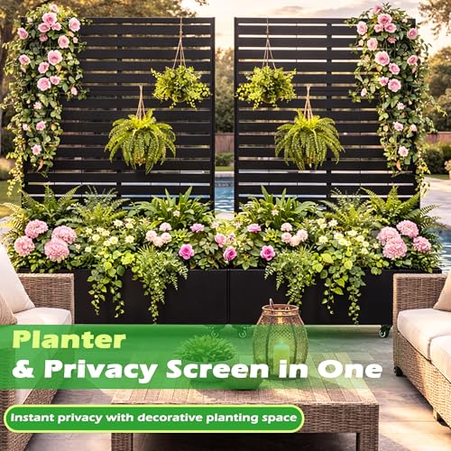 Metal Raised Garden Bed with Slatted Trellis and Wheels, 43” L x 16” W x 71” H Privacy Screen for Climbing Plants, Metal Planter Box with Drainage Holes (Black -Slatted Trellis) - color: Black -Slatted Trellis