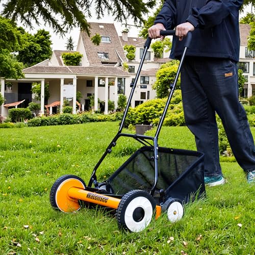 Walensee 20-Inch 5-Blade Push Reel Lawn Mower, Cordless Manual Reel Lawn Mower Walk-Behind Steel Lawn Mowers with Removable 11.8-Gallon Grass Catcher, Sponge Grip, 9-Position Cutting Height Adjustment - size: 20-Inch With Catcher