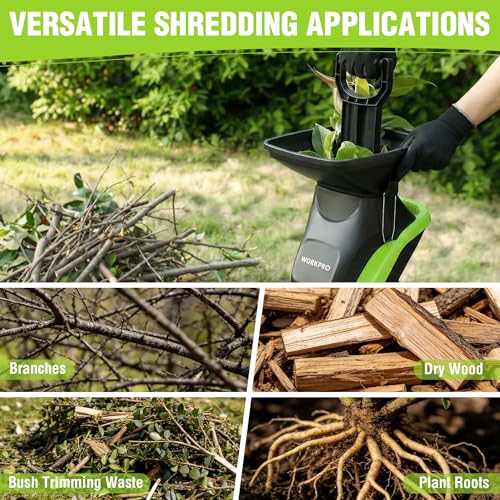 WORKPRO Electric Wood Chipper, 15A 4300RPM Corded Branch Shredder, 1.73" Cutting Capacity, 14:1 Reduction Ratio, SK5 Dual-Blade System, Portable Yard Chipper with Wheels & Collection Bag