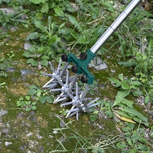 BARAYSTUS Rotary Cultivator Garden Rotary Tiller Adjustable Stainless Steel Poles Hand Tiller for Soil Mixing or Reseeding Grass Lawn Tiller Total Length 57 Inch - color: green