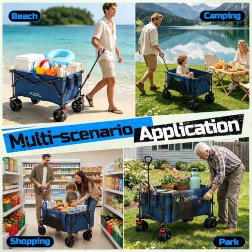 400L Folding Wagon Cart with Brakes & Removable Table, 580lbs Heavy Duty Collapsible Wagon, Big All-Terrain Wheels for Camping, Sports, Grocery, Outdoor - Blue - color: Blue-big