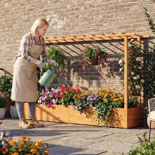 GIANTEX Raised Garden Bed with Trellis & Hanging Roof, Wood Planter Box with Bottom and Drainage Holes, Freestanding Garden Planter for Flower Vegetable Fruit Herb Climbing Vines (79" x 17.5" x 45") - size: 77"x14.5"x45"