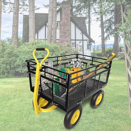 Steel Garden Cart, Heavy Duty 1400 lbs Capacity, with Removable Mesh Sides to Convert into Flatbed, Utility Metal Wagon with 2-in-1 Handle and 16 in Tires, Perfect for Garden, Farm, Yard