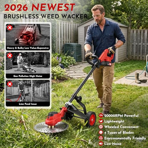 3-in-1 Electric Weed Wacker Cordless, 12″ Brushless Weed Eater Battery Powered with Wheel, 20000 RPM Grass Trimmer/Brush Cutter/String Trimmer, Lawn Mower Edger Weed Trimmer, 6000mAhjong Batteries