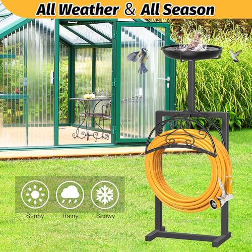 Garden Hose Holder Hanger Freestanding, Upgraded 4 Spikes Heavy Duty Storage Reel Stand with Bird Feeder Bowl, Holds 150ft Hose for Outside Garden Yard Lawn Vegetable Patch - style: Floral With bird feeder