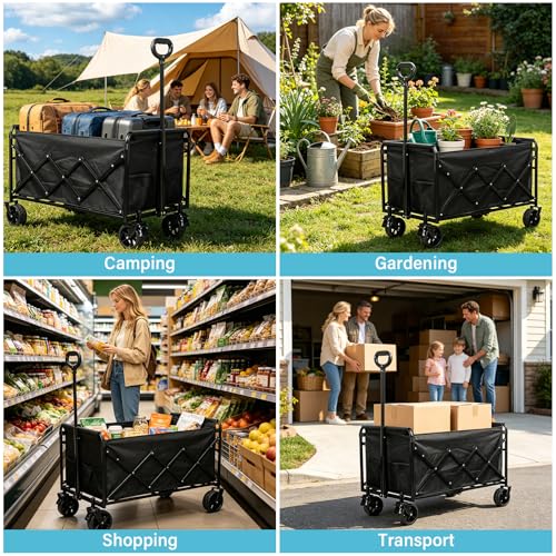 Collapsible Wagon Cart with All-Terrain Wheels - Folding Utility 500LBS Heavy Duty Wagons Carts for Grocery Sports Garden Shopping Camping Fishing (Black, 220L) - size: 500LBS