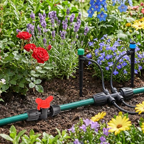 Garden Irrigation Tubing, 100ft 1/2" Tubing with 4 x 6-Way Connectors for 1/4" Hose, Flexible Distribution Drip System for Garden Greenhouse, Flower Beds, Patio, Lawn (100ft) - size: 100ft