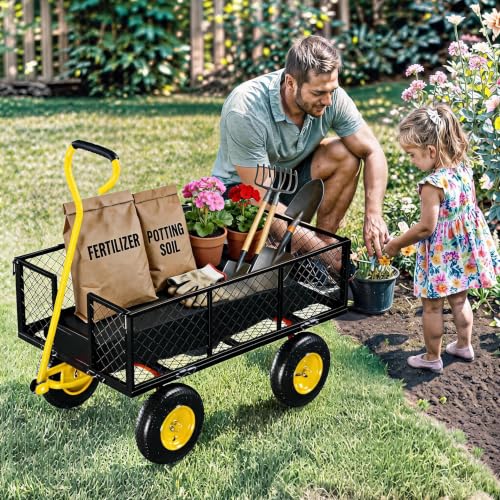 Garvee Steel Garden Cart Wagon,500 Lbs Wheelbarrow Yard Cart-Black&Yellow - color: Black Yellow, size: 500lbs