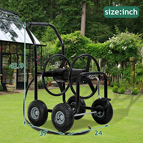 Garden Hose Reel Cart with Wheels, Holds 300-Feet of 5/8-Inch Hose, Heavy Duty Yard Water Planting 4 Wheels Outdoor Garden Lawn Water Truck with Storage Basket,Black - color: Black