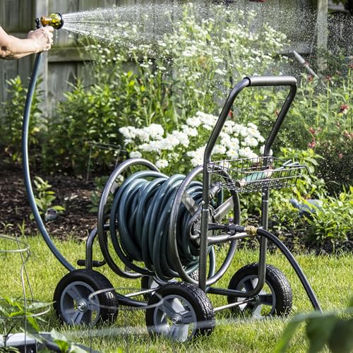 Backyard Expressions 4‑Wheel Garden Hose Reel Cart with Storage Basket, Hand‑Crank Rewind, Rust‑Resistant Hammertone Gray Finish, Brass Connectors - style: 2026 4 Wheel