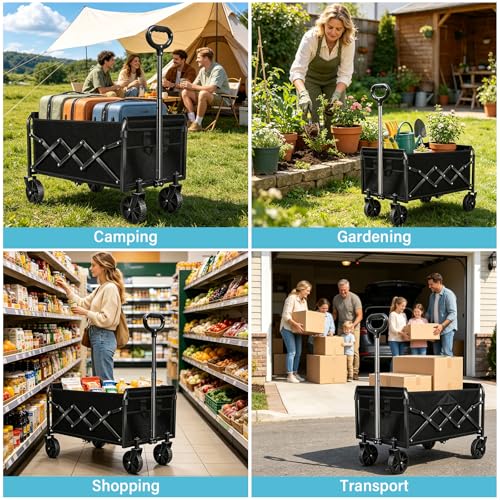 Collapsible Wagon Cart with All-Terrain Wheels - Folding Utility 360LBS Heavy Duty Wagons Carts for Grocery Sports Garden Shopping Camping Fishing (Black, 120L) - size: 360LBS