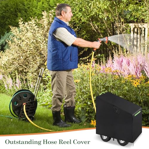 Klmnop Hose Reel Cart Cover for Outside, Waterproof Garden Hose Reel Cover with Air Vent, Reflective Handles & Storage Bag, Protects Against Sunlight, Rain, Snow, Sandstorms(Black)