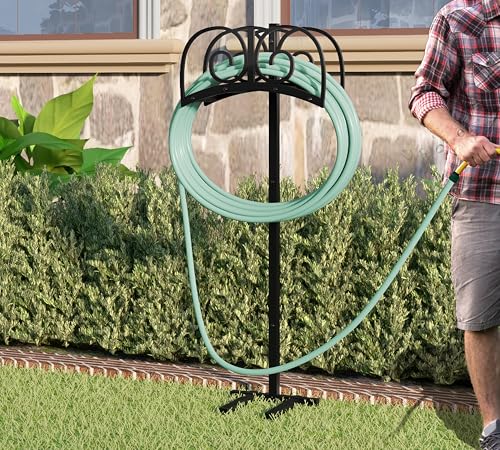 Upgraded Garden Hose Holder Stand with 4 Spikes - Heavy Duty Metal Water Hose Reel, Hose Organizer, Holds 150ft Hose for Outside Yard Lawn, Black