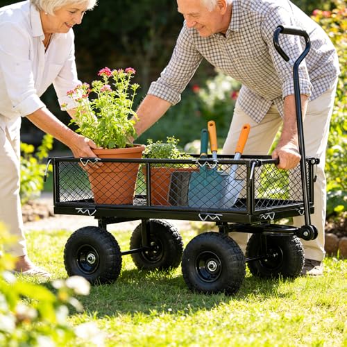 Gecheer Black Double Fence Utility Wagon Cart for Garden, Yard, Farm – Heavy-Duty 600-Lb Capacity with Inflatable Tires & Spacious Bed