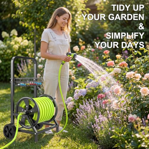 Garden Hose Reel Cart, Heavy Duty Hose Reel with Wheels, Hold Up to 200 ft of 1/2’’ Hose, Mobile Hose Reel Cart for Outside, Metal Water Hose Reel with Storage Basket for Backyard, Garden, Lawn