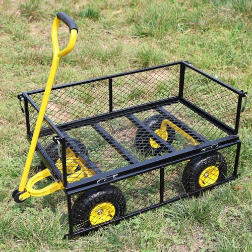 Steel Garden Cart, 2-in-1 600 lbs Heavy Duty Utility Wagon, with Removable Mesh Sides to Convert into Flatbed, 240° U-Turn 10" Pneumatic Tires Garden Wagon for Farm Yard Lawn Garden Camping (Yellow) - color: Yellow