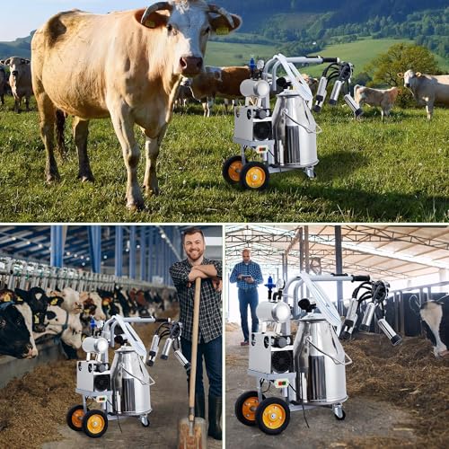 Portable Cow Milking Machine, Electric Milker with 25L Stainless Steel Bucket, 45–50 KPA Vacuum Milking Equipment for Small Farms, Silicone Cups & Tubes for Cows and Goats