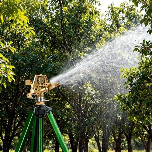 Impact Sprinkler on Tripod Base, 360° Adjustable Brass Sprinkler Head with Stakes, Heavy Duty Metal Tripod Lawn Sprinkler for Large Area Lawn, Yard & Garden Irrigation, 1 Pack