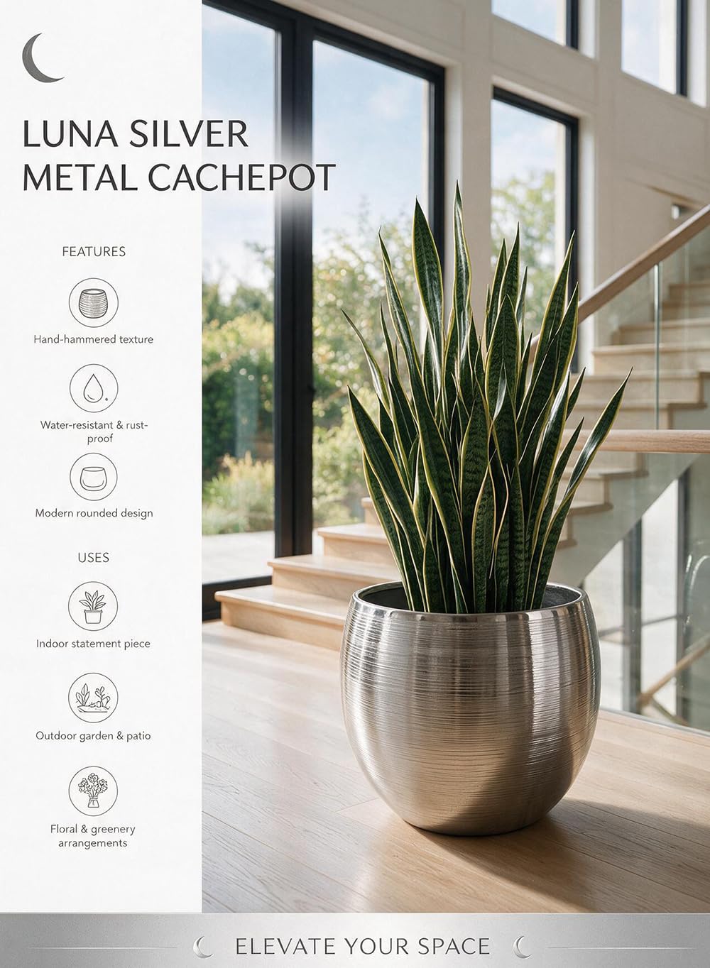 Serene Spaces Living Gold Planter with Detachable Metal Stand, Decorative Indoor Planter Pot, Flower Pots Stand for Living Room, Kitchen, Office, in 6 Sizes (Large - Silver (Pack of 1)) - size: Large - Silver (Pack of 1)