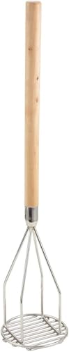 Winco 5" x 24 1/2" Brown/Silver Potato Masher, Round, Wooden Handle