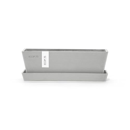 Ecopots Bruges Rectangular Flower Planter with Saucer, White Grey, 10" - color: White Grey
