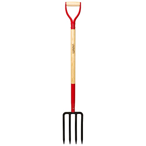 VNIMTI Garden Fork,4-Tine Spading Fork,Compost Fork,Steel Digging Fork,45Inch,Steel Y-Grip,Wooden Handle