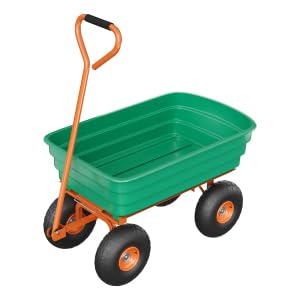 Poly Dump Cart - Heavy Duty 1200lbs Capacity, 125L Green Frame with Orange Bed Garden Utility Wagon, Quick-Release Dumping & 13” No-Flat Tires for Yard Work
