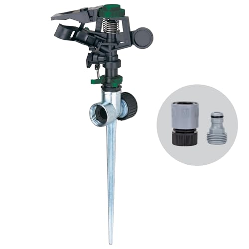 Melnor 65152AMZ Plastic Pulsating Sprinkler on Metal Spike, Quick Connect Amazon Bundle, Black, Green - style: Metal Spike, Plastic Head