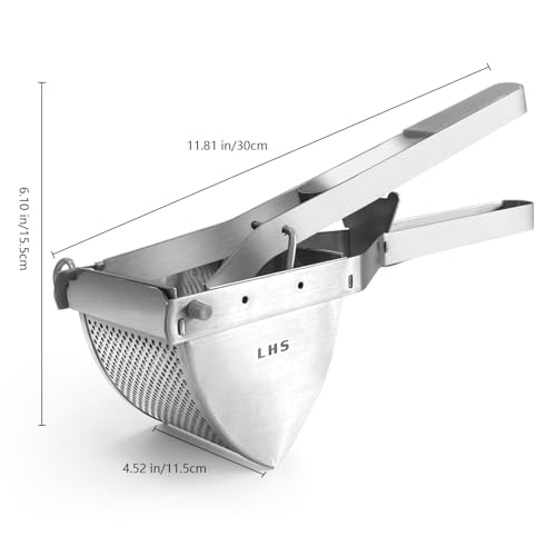 LHS Stainless Steel Potato Ricer and Masher, Heavy Duty Commercial Food Masher, Ergonomic Comfort Grip, Extra Large Capacity, Dishwasher Safe (Grey) - color: Gray