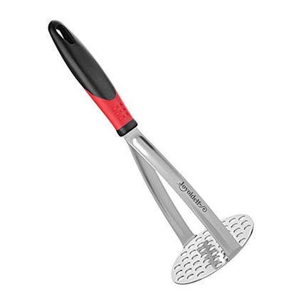 Joyoldelf Heavy Duty Potato Masher, Stainless Steel Integrated Masher Kitchen Tool & Food Masher/Potato Smasher with Non-slip Handle, Perfect for Bean, Vegetable, Fruits, Baby Food, Avocado, Meat - color: red-black