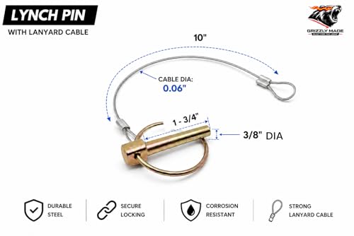 3/8 x 1-3/4 Lynch Pin with 10 in Stainless Steel Cable, Heavy Duty Linch Pin with Ring, Quick Release Trailer Gate Pin for Utility Trailer, Farm Gate, Tractor & Equipment, Zinc Plated, 4 Pack