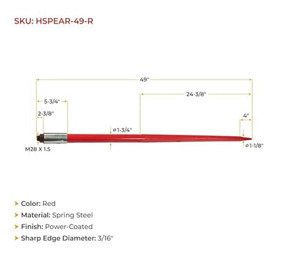 Mytee Products 49” 3 Point Bale Spear for Category 1 Tractor 3000lbs WLL w/ 1Pc Red Hay Spear and 2Pcs Stabilizers Spear with 2" Receiver with Trailer Ball Hitch Gooseneck Drawbar - size: 49 Inch