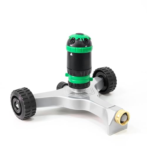 RESTMO Gear Drive Sprinkler with Metal Wheeled Base,Portable Lawn Sprinkler