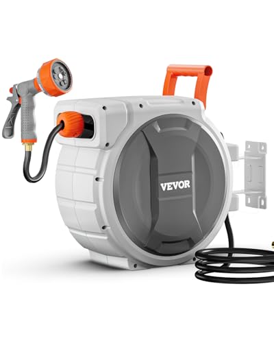 VEVOR Retractable Garden Hose Reel, 5/8 Inch x 100 ft Wall Mounted Hose Reel, Heavy Duty Garden Hose Reel with 9 Patterns Nozzle, Any Length Lock, Upgraded Slow Return System and 180°Swivel Bracket - size: 5/8 in x 100 ft