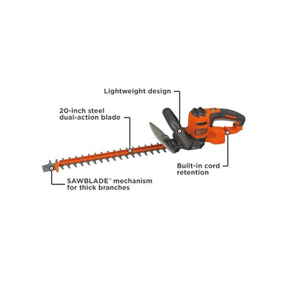 BLACK+DECKER Hedge Trimmer with Saw, 20-Inch, Lightweight and Compact Design, Full Wraparound Handle, Corded (BEHTS300)