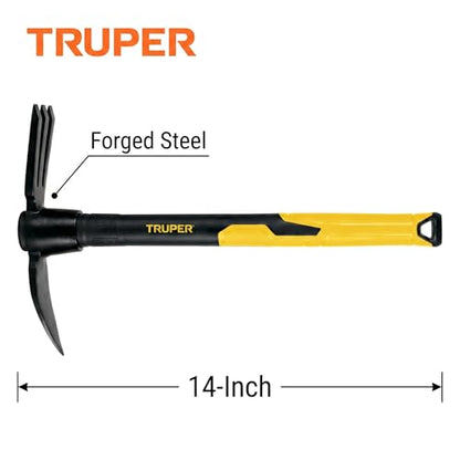 Truper Rapid Tiller, Digger Cultivator, 14-Inch Fiberglass Handle with Comfort Grip, Forged Steel Dual-Head Digging and Aerating Tool (Model RATI-F / 32739)