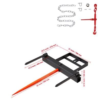 Happybuy 39" Hay Spear, 1600lbs Capacity, Skid Steer Loader Attachment with 2 Stabilizer Spears & 60" Chain, Quick Attach Forks