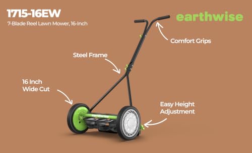 Earthwise 1715-16EW 16-Inch 7-Blade Push Reel Lawn Mower, Grey - size: 16", 7-blade