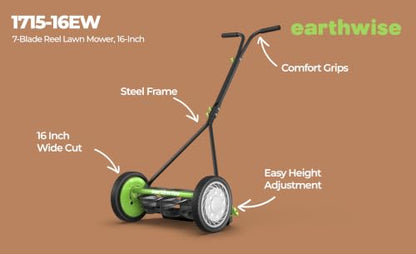 Earthwise 1715-16EW 16-Inch 7-Blade Push Reel Lawn Mower, Grey - size: 16", 7-blade