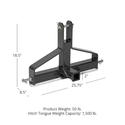 Titan Attachments 3 Point 2" Trailer Receiver, Tractor Hitch Fits Category 1 Tractors, Quick Hitch Compatible Adapter, 1,500 lb Towing Capacity, 3" Tubular Steel Drawbar