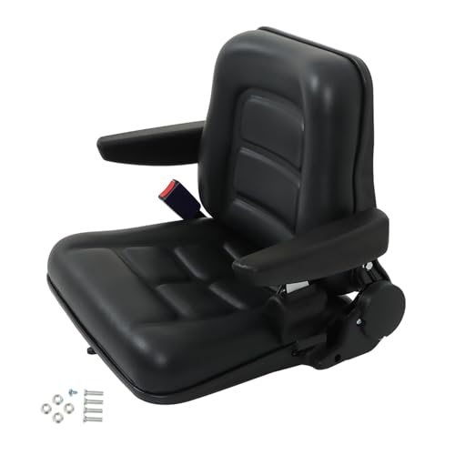 munirater Universal Fold Down Forklift Seat with Seatbelt Armrest and Slide Replacement for Excavator Skid Loader Backhoe Dozer Telehandler