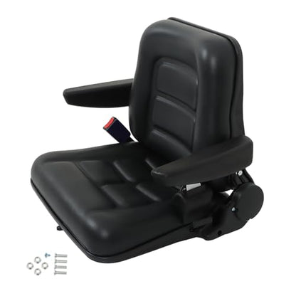 munirater Universal Fold Down Forklift Seat with Seatbelt Armrest and Slide Replacement for Excavator Skid Loader Backhoe Dozer Telehandler