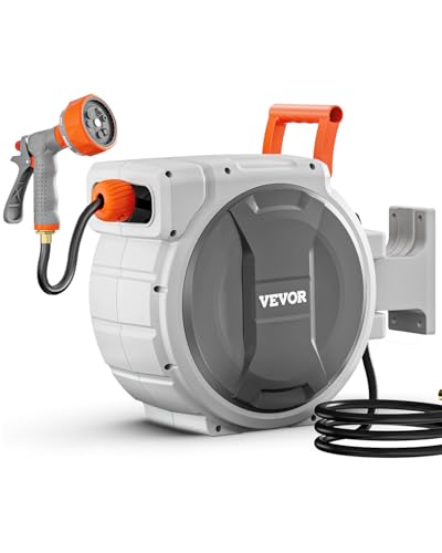 VEVOR Retractable Garden Hose Reel, 1/2 Inch x 84 ft Wall Mounted Heavy Duty Garden Hose Reel with 9 Patterns Nozzle, Any Length Lock, Upgraded Slow Return System and 180°Swivel Bracket - size: 1/2 in x 84 ft