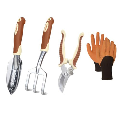 Brown Garden Tool Sets, Aluminum Gardening Hand Tool Kit 4-Piece - color: brown-4pcs